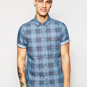 Denim Shirt In Check with Short Sleeves