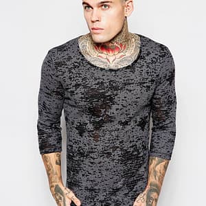 Muscle Fit Long Sleeve T-Shirt With Burn Out Rib Jersey