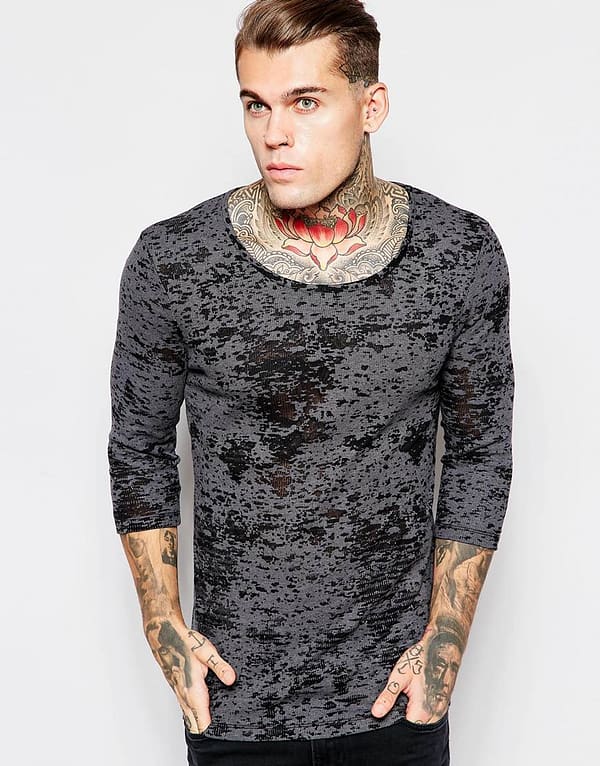 Muscle Fit Long Sleeve T-Shirt With Burn Out Rib Jersey