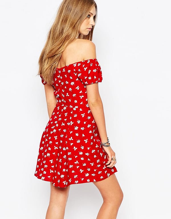Off Shoulder Hippie Dress With Button Front Detail In Ditsy Floral - Image 2