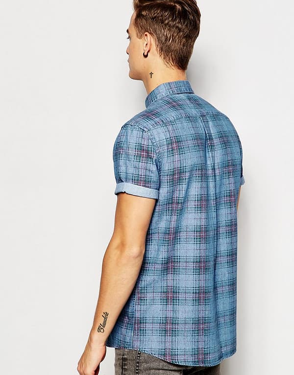 Denim Shirt In Check with Short Sleeves - Image 2
