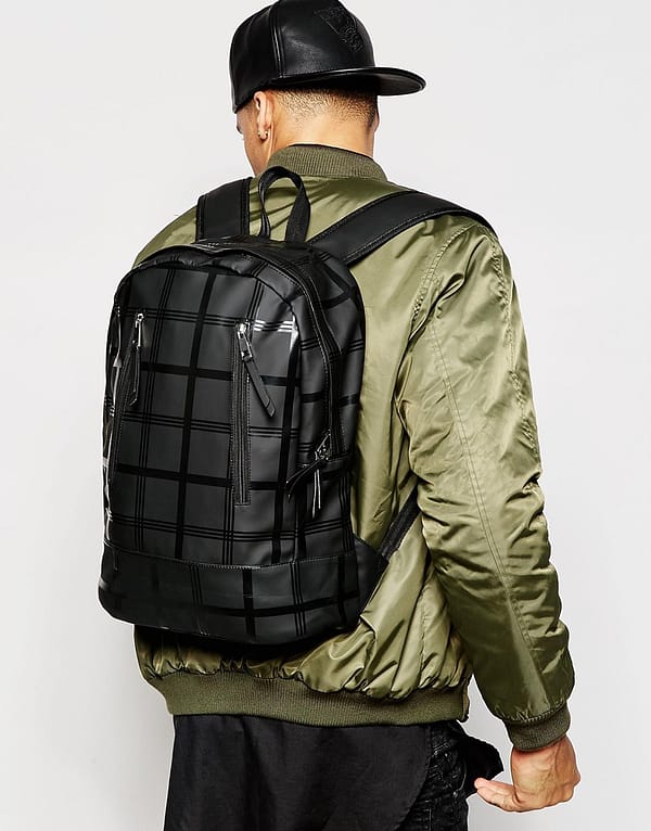 Backpack In Black Grid Print With Front Zip Detail - Image 2