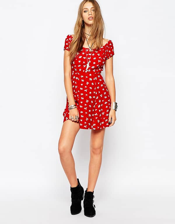 Off Shoulder Hippie Dress With Button Front Detail In Ditsy Floral