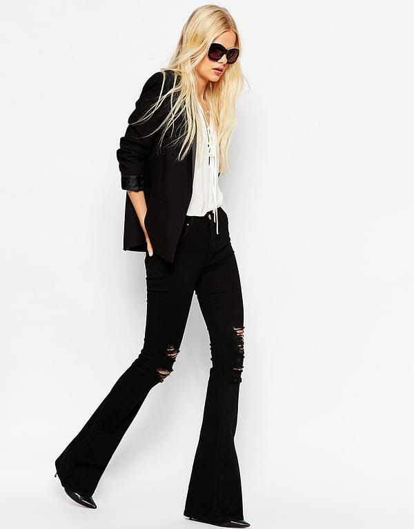 Bell Flare Jeans In Clean Black With Thigh Rips - Image 2