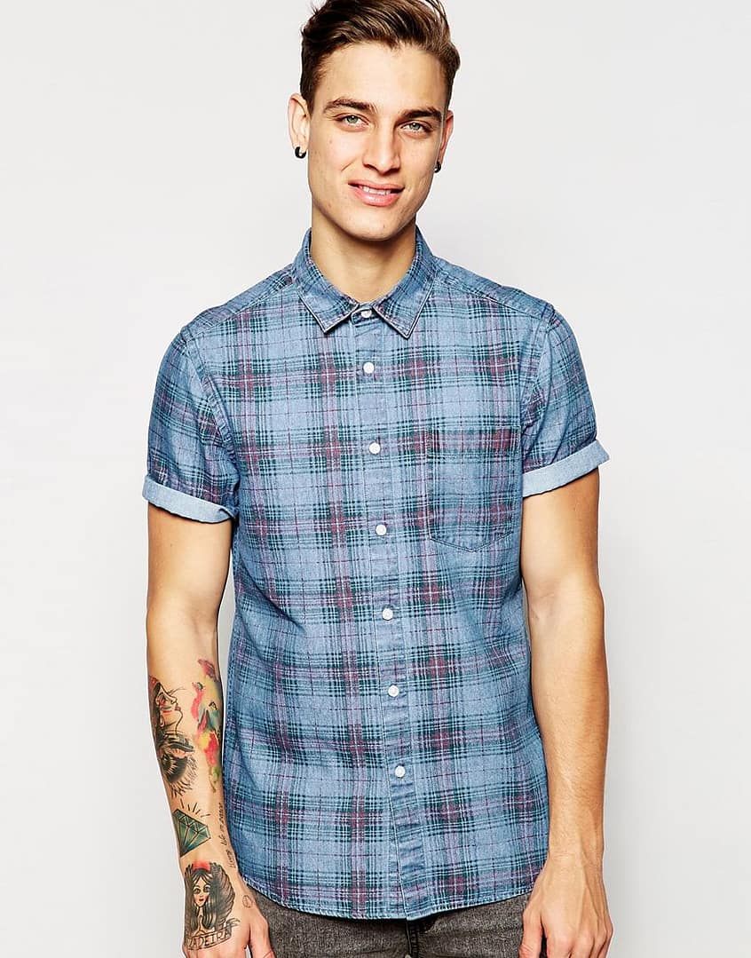 Denim Shirt In Check with Short Sleeves