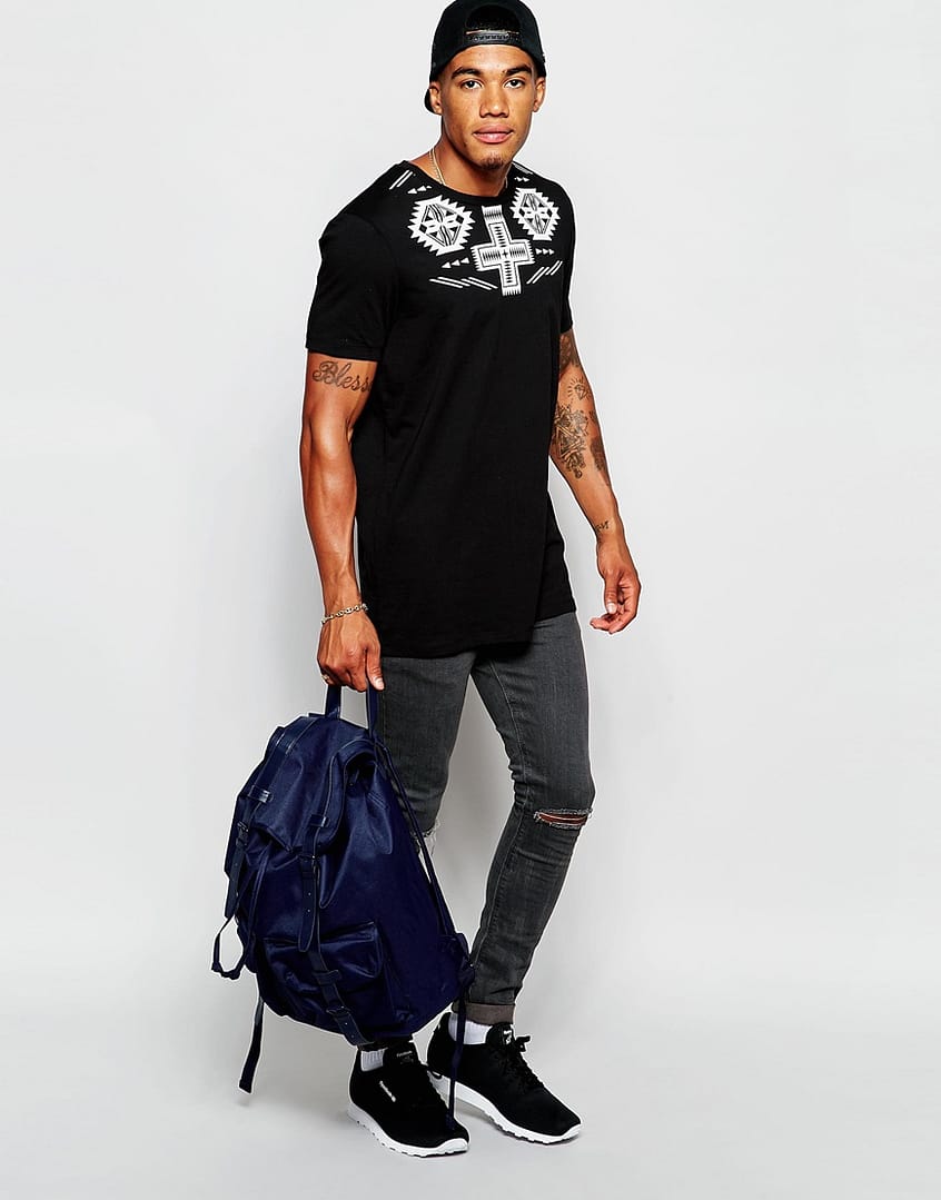 Longline T-Shirt With Aztec Yoke Print In Relaxed Skater Fit - Image 2